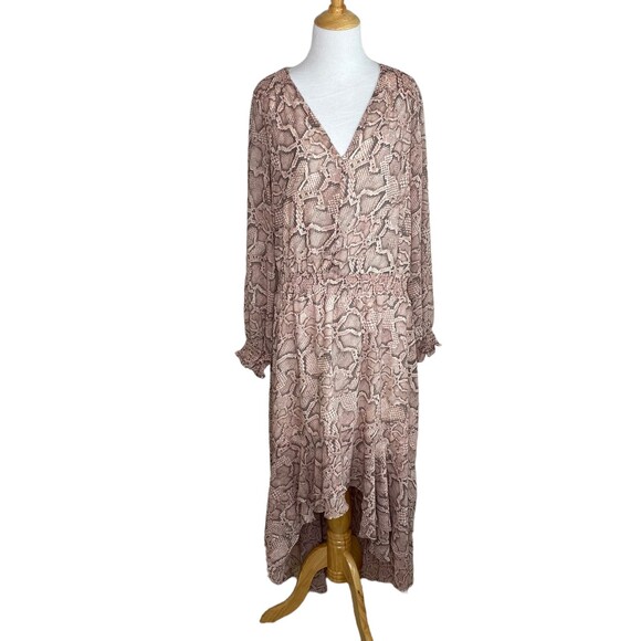 1. STATE Pink Ruffled Smocked Elastic-Waist Buttoned Snake Print Dress Sz Large - Picture 1 of 12